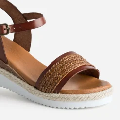 Sandale compensée cognac cuir et tressage