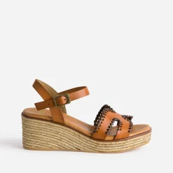 Sandale compensée cognac cuir tressé marron
