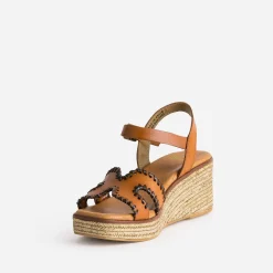 Sandale compensée cognac cuir tressé marron