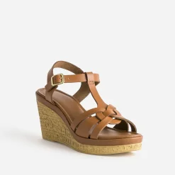 Sandale compensée cognac en cuir