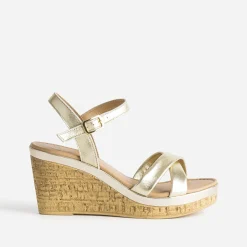 Sandale compensée dorée en cuir