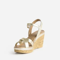 Sandale compensée dorée en cuir