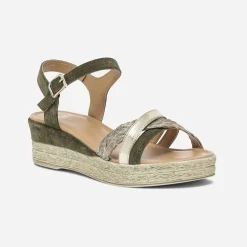 Sandale compensée kaki en cuir velours