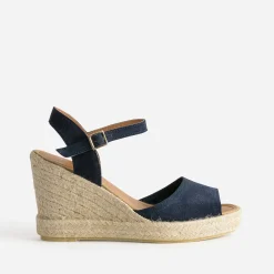 Sandale compensée marine en cuir velours éco-conçu