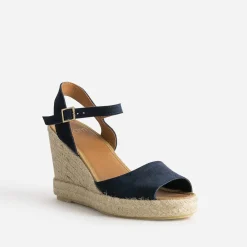 Sandale compensée marine en cuir velours éco-conçu