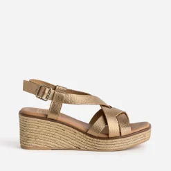 Sandale compensée marron cuir métallisé