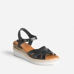 Sandale compensée noire éco-conçue en cuir