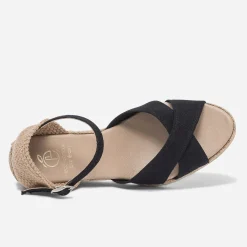 Sandale compensée noire en toile de coton et chanvre