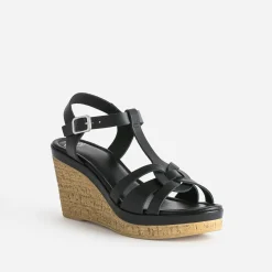 Sandale compensée noire en cuir
