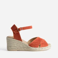 Sandale compensée orange cuir velours