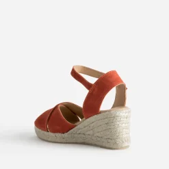 Sandale compensée orange cuir velours