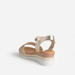 Sandale compensée orange cuir et tressage