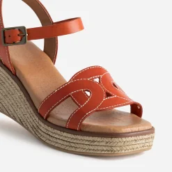 Sandale compensée orange foncé cuir