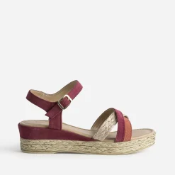 Sandale compensée prune en cuir velours