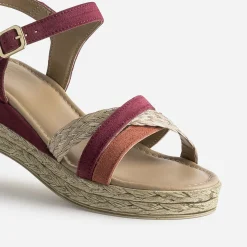 Sandale compensée prune en cuir velours