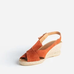 Sandale compensée terracotta en cuir velours