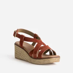 Sandale compensée terracotta cuir velours