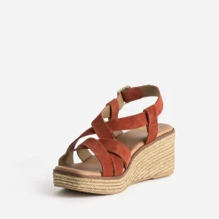 Sandale compensée terracotta cuir velours