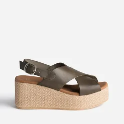 Sandale compensée TEXTO kaki en cuir