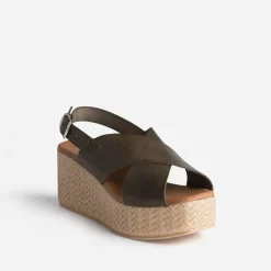 Sandale compensée TEXTO kaki en cuir