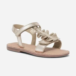 Sandale dorée en cuir à plastron volanté