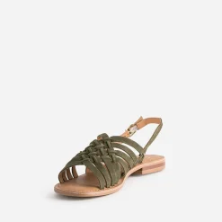 Sandale kaki en cuir velours tressé