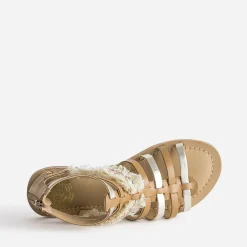 Sandale spartiate camel et doré en cuir avec galon frangé