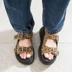 Sandale TEXTO camel cuir velours motif léopard