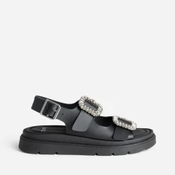 Sandale TEXTO noire cuir boucles strass