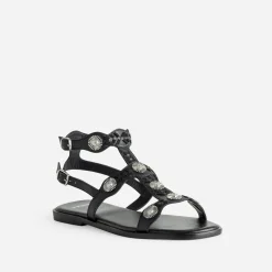 Sandale TEXTO noire cuir décor soleils