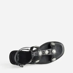 Sandale TEXTO noire cuir décor soleils