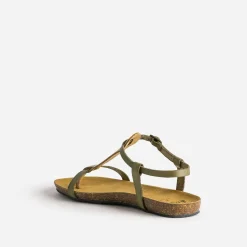 Sandale-tong anatomique kaki et doré en cuir