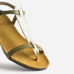 Sandale-tong anatomique kaki et doré en cuir