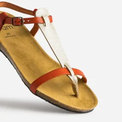 Sandale-tong anatomique rouge et doré en cuir