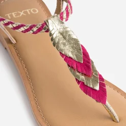 Sandale-tong TEXTO fuchsia et or en cuir à plumes