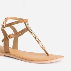 Sandale-tong TEXTO marron en cuir velours à coquillages