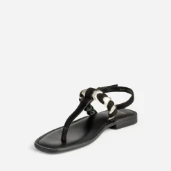 Sandale-tong TEXTO noir en cuir velours tressé or