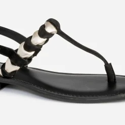 Sandale-tong TEXTO noir en cuir velours tressé or