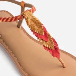 Sandale-tong TEXTO orange en cuir à plumes