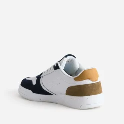 Tennis blanche cuir découpes marine et beige