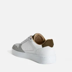 Tennis blanche, grise, kaki cuir bi-matière