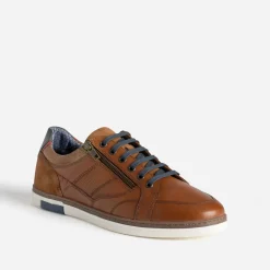 Tennis cognac cuir contrefort bleu marine