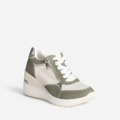 Tennis compensée kaki, blanc, argent métallisé