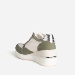 Tennis compensée kaki, blanc, argent métallisé