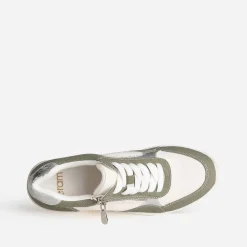 Tennis compensée kaki, blanc, argent métallisé